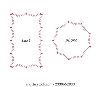 Heart elements, frames, labels Set of 2. Hand drawn brush doodle line stroke, pink color palette. Rectangle, circle geometric shape. Empty frame, text space white background. Vector illustration