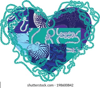 heart with elements of marine life on a white background 