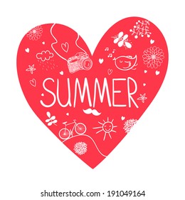 Heart with elements of summer - photo camera, bicycle, cloud, sun and flowers. Vector illustration.