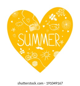 Heart with elements of summer - photo camera, bicycle, cloud, sun and flowers. Vector illustration.