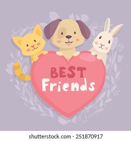Heart emblem best friends with cat,dog and rabbit characters. Vector illustration on cute floral frame