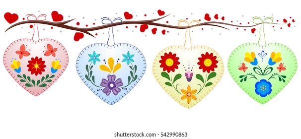 Heart embroidered flowers. Bright decor on Valentine's Day.