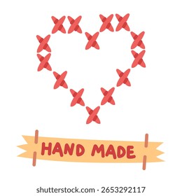 Coração bordado com fio vermelho. Coração e sinal feito à mão. Feito à mão e amor. Ilustração em cores planas. Amor por costura, bordados e artesanato. Hobby, criatividade, símbolo do amor