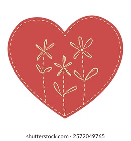 Heart with embroidery in the form of flowers. Symbol of love and romantic feelings. Decoration design for Valentine's Day and wedding. Vector illustration of valentine isolated on white background.