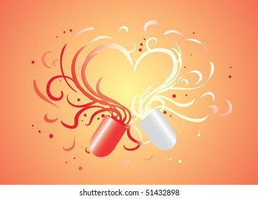 heart emerging from broken in half pill on orange background (AI8 with gradient)