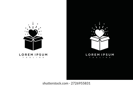 Ein Herz, das aus einer offenen Geschenkbox hervorgeht, umgeben von funkelndem Licht, in einem einfachen Illustrationsstil auf kontrastierenden Hintergründen