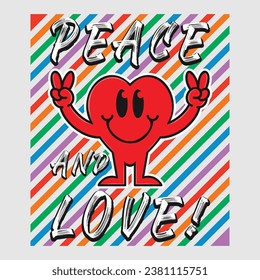 Heart emoji cartoon with peace and love phrase. Positive quotes, typography design vector.