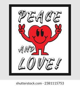 Heart emoji cartoon with peace and love phrase. Positive quotes, typography design vector.