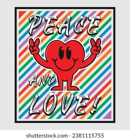 Heart emoji cartoon with peace and love phrase. Positive quotes, typography design vector.