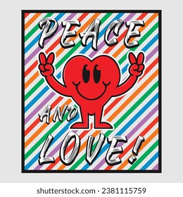 Heart emoji cartoon with peace and love phrase. Positive quotes, typography design vector.