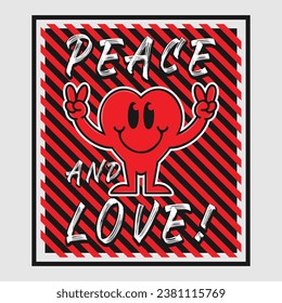 Heart emoji cartoon with peace and love phrase. Positive quotes, typography design vector.