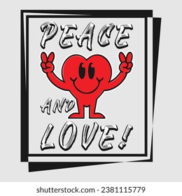 Heart emoji cartoon with peace and love phrase. Positive quotes, typography design vector.