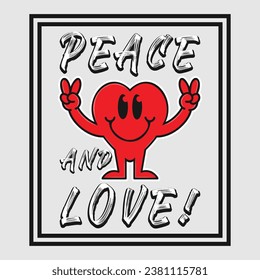 Heart emoji cartoon with peace and love phrase. Positive quotes, typography design vector.