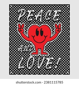 Heart emoji cartoon with peace and love phrase. Positive quotes, typography design vector.