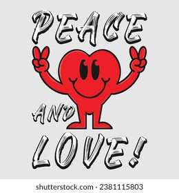 Heart emoji cartoon with peace and love phrase. Positive quotes, typography design vector.