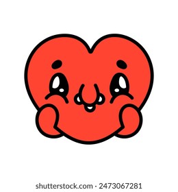 Heart emoji. Groovy hippie heart character. Funny Character Heart Laughs. Cartoon character in trendy retro style for Valentines day design. Cute retro groovy sticker. Vector isolated illustration
