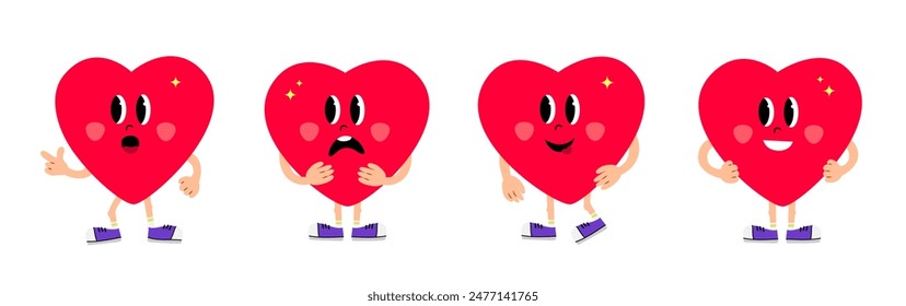 Heart Emoji Set. Red hearts in sneakers with emotions of sadness, joy, surprise.