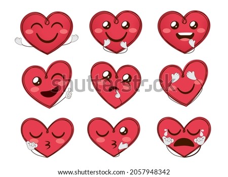 Heart emoji valentines vector set. Emoticons character hearts with inlove facial expressions and hand gesture for love heart face icon emojis character collection design. Vector illustration.
