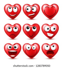Heart Emoji Vector Set For Valentines Day. Funny Red Face With Expressions And Emotions. Love Symbol.