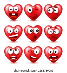 Heart Emoji Vector Set For Valentines Day. Funny Red Face With Expressions And Emotions. Love Symbol.