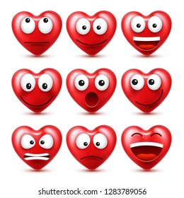 Heart Emoji Vector Set For Valentines Day. Funny Red Face With Expressions And Emotions. Love Symbol.