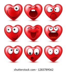 Heart Emoji Vector Set For Valentines Day. Funny Red Face With Expressions And Emotions. Love Symbol.