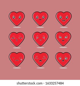 Heart emoji vector set for Valentines Day. Funny red face with expressions and emotions. Love symbol.