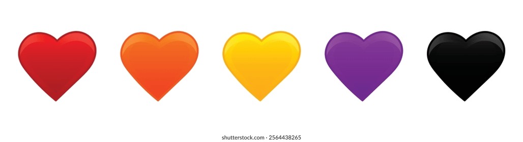 Heart Emojis set. Red, orange, yellow,  purple, and black emoji. Vector illustration.