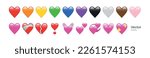 Heart Emojis set. Sparkling, growing, two Hearts, beating, revolving, broken, mending, heart exclamation, red, orange, yellow, green, blue, purple, brown, black, and white emoji.vector