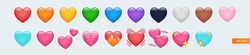 Heart Emojis Set. Sparkling, Growing, Two Hearts, Beating, Revolving, Broken, Mending, Heart Exclamation, Red, Orange, Yellow, Green, Blue, Purple, Brown, Black, And White Emojis.