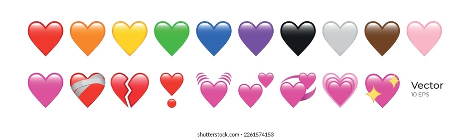 Emoji del corazón. Espuma, crecimiento, dos corazones, latidos, revueltas, rotos, curados, exclamación cardíaca, rojo, naranja, amarillo, verde, azul, morado, marrón, negro y blanco emojis.Ilustración vectorial