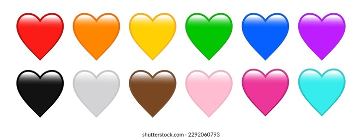 Heart Emojis set. Sparkling, growing, two Hearts, beating, revolving, broken, mending, heart exclamation, red, orange, yellow, green, blue, purple, brown, black, and white emoji. Vector illustration.