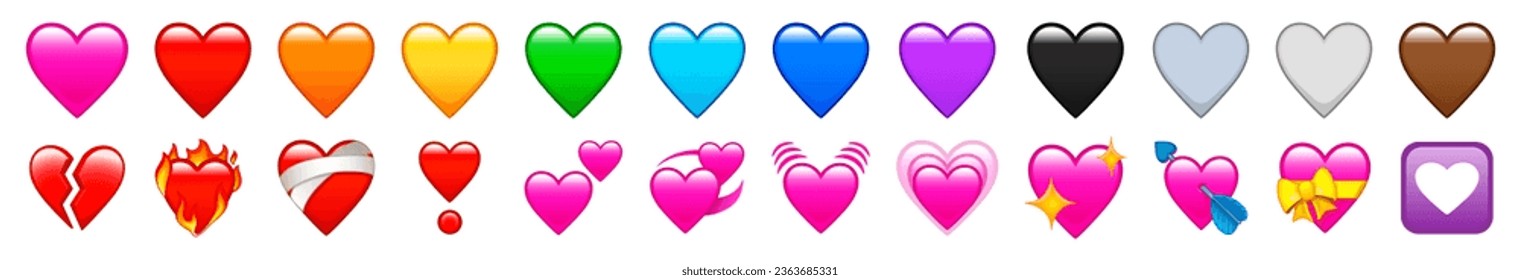 El equipo de Heart Emojis. Espuma, crecimiento, dos corazones, latidos, giratorios, rotos, curativos, exclamación cardíaca, rojo, naranja, amarillo, verde, azul, púrpura, marrón, negro y blanco emoji. Conjunto de vectores de iconos e