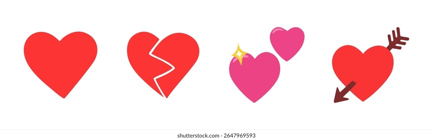 Coração Emojis definido. Espumante, crescendo, dois corações, batendo, girando, quebrado, conserto, exclamação do coração, vermelho, rosa.
