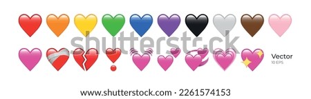 Heart Emojis set. Sparkling, growing, two Hearts, beating, revolving, broken, mending, heart exclamation, red, orange, yellow, green, blue, purple, brown, black, and white emoji.vector