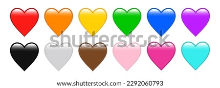 Heart Emojis set. Sparkling, growing, two Hearts, beating, revolving, broken, mending, heart exclamation, red, orange, yellow, green, blue, purple, brown, black, and white emoji. Vector illustration.