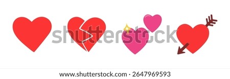 Heart Emojis set. Sparkling, growing, two Hearts, beating, revolving, broken, mending, heart exclamation, red, rose.