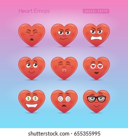 Heart emojis. Third emoticons set with various cartoon  face emotions on heart shapes.