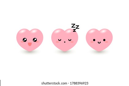 Heart emoticon 3D Set.Funny design kawaii.Set of Emoticons. Isolated vector illustration on white background.