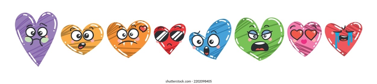 Heart Emoticon Set. Doodle faces, eyes and mouth for Valentine's Day and holidays of love. Caricature cartoon expressive emotions, smiling, crying and surprised character face expressions