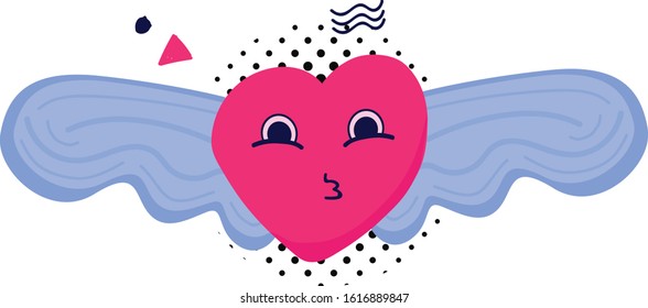 Heart emoticon with wings looking at camera adorably, isolated in white background