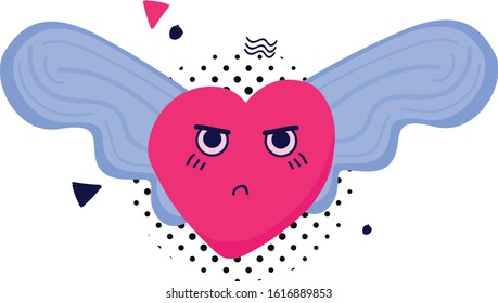Heart emoticon with wings staring at camera angrily, isolated in white background