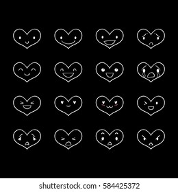 Heart emoticons with different emotions, vector set of various hand-drawn cute outline expressions, EPS 8