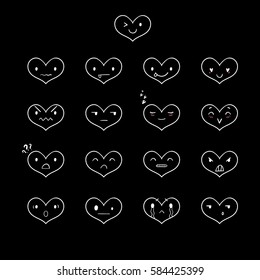 Heart emoticons with different emotions, vector set of various hand-drawn cute outline expressions, EPS 8