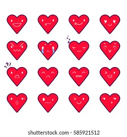 Heart emoticons with different emotions, vector set of various hand-drawn outline cute expressions, EPS 8