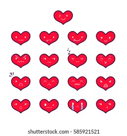 Heart emoticons with different emotions, vector set of various hand-drawn outline cute expressions, EPS 8