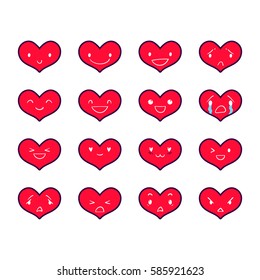 Heart emoticons with different emotions, vector set of various hand-drawn outline cute expressions, EPS 8