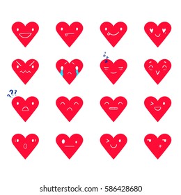 Heart emoticons with different emotions, vector set of various hand-drawn red cute expressions, EPS 8