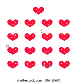 Heart emoticons with different emotions, vector set of various hand-drawn red cute expressions, EPS 8