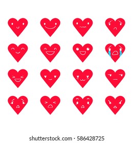Heart emoticons with different emotions, vector set of various hand-drawn red cute expressions, EPS 8